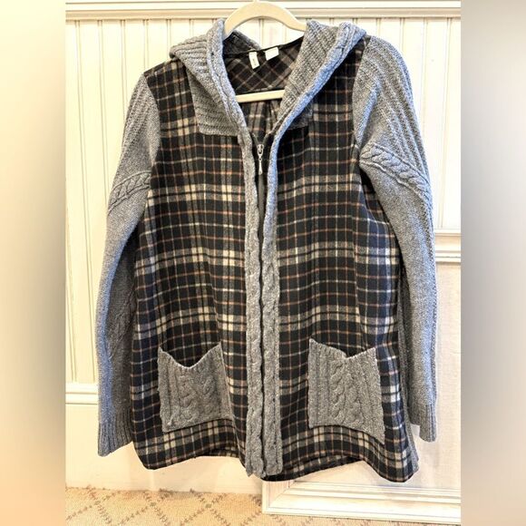 Moth combo cable knit and flannel hooded full zip jacket S - Picture 1 of 14